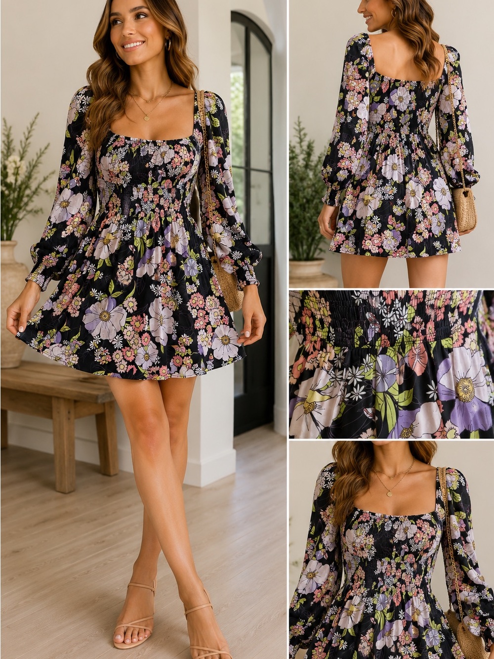 AFRM Los Angeles Floral Smocked Mini Dress Puff Sleeve Cottagecore Boho L/G